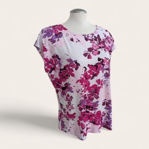 Laura Women's Floral Blouse Size XL Pink & White Cap Sleeves Office Wear Flowy